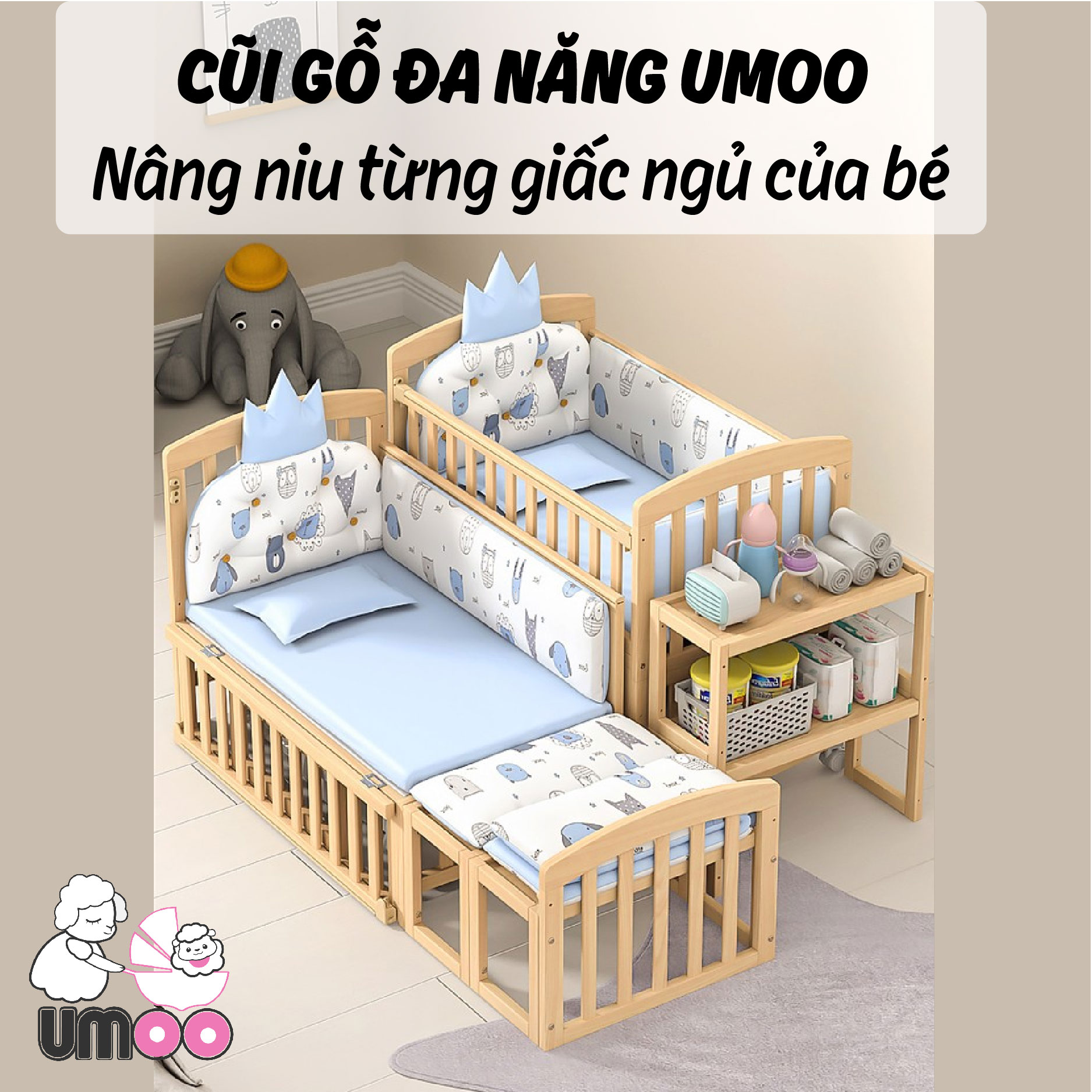 Cũi gỗ đa năng nâng niu từng giấc ngủ của bé