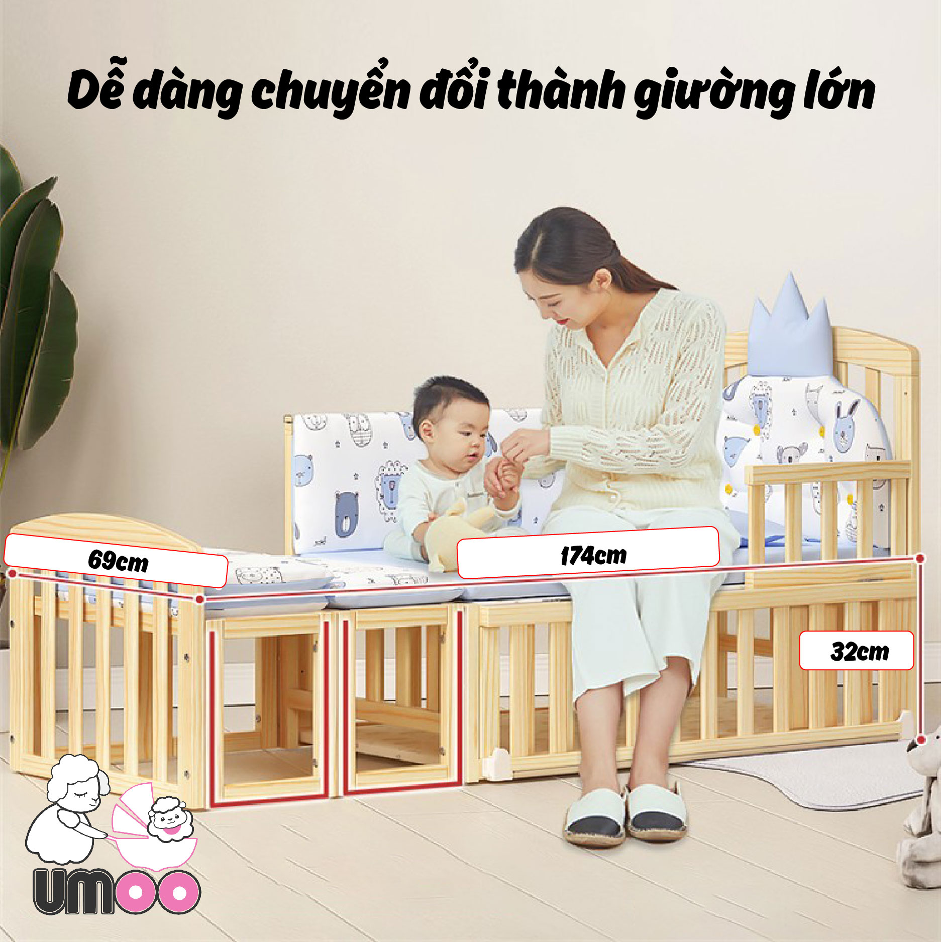 Cũi gỗ đa năng umoo dễ dàng chuyển đổi thành một chiếc giường lớn