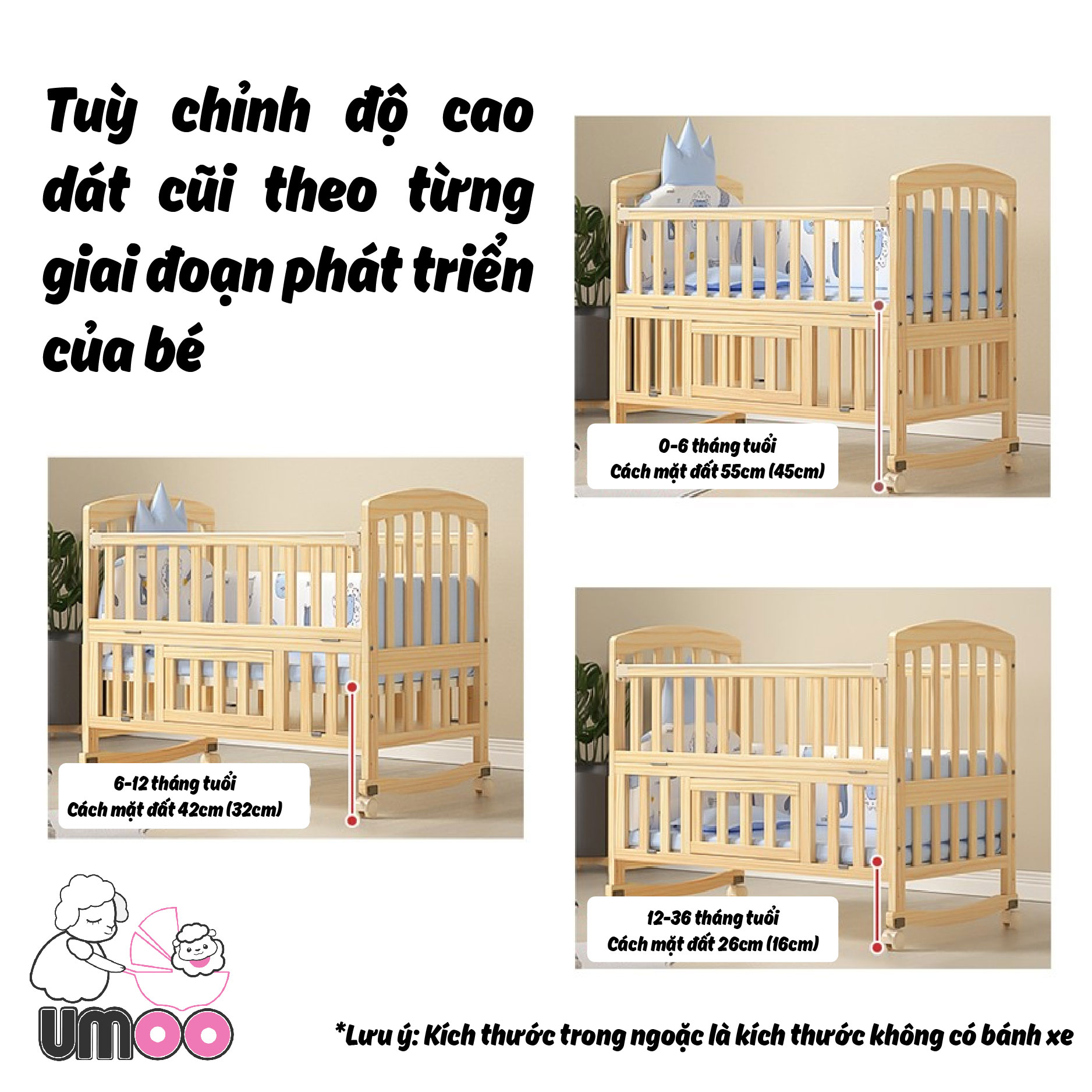 Cũi gỗ đa năng umoo tùy chỉnh độ cao dát cũi