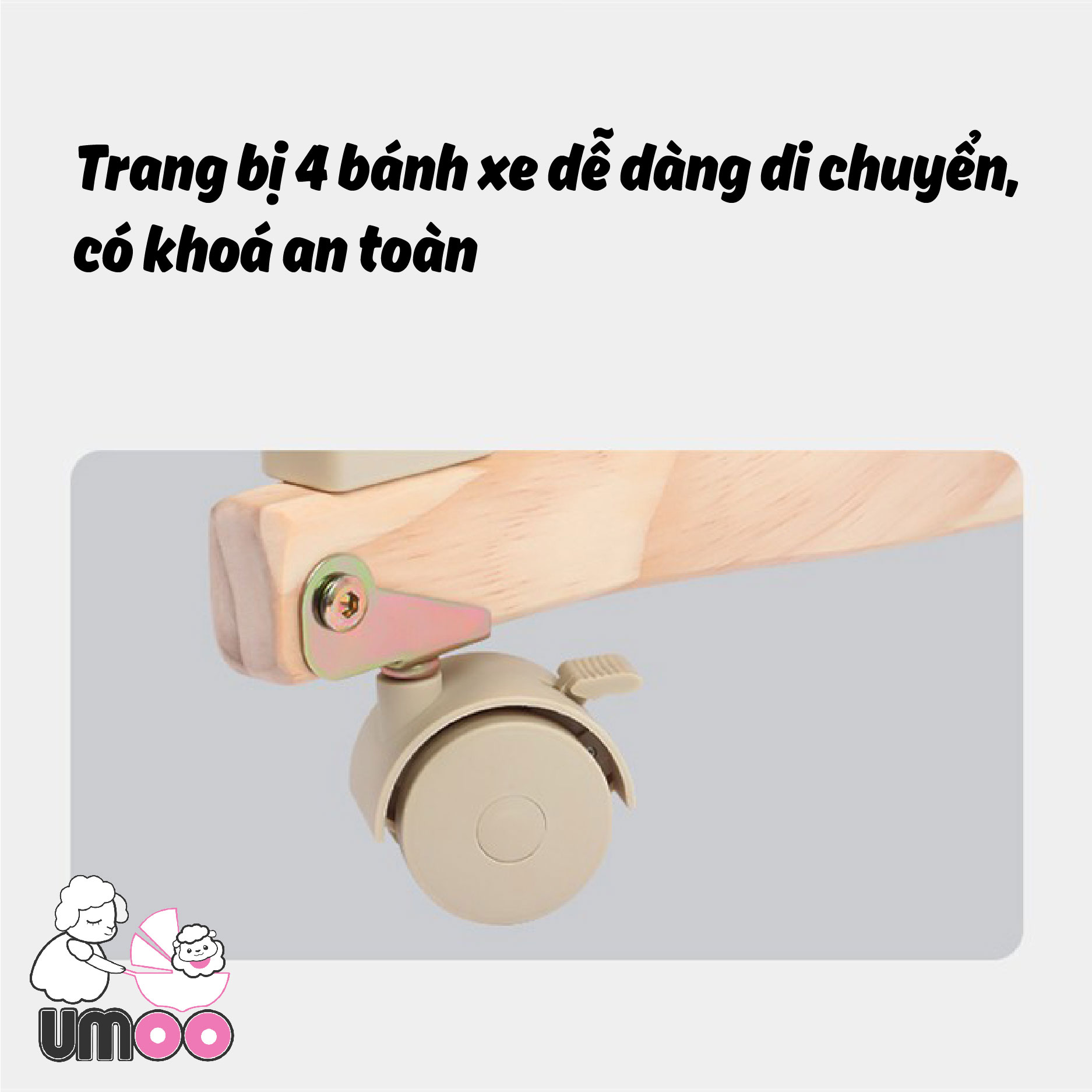 Cũi gỗ đa năng umoo 4 bánh xe di chuyển linh hoạt