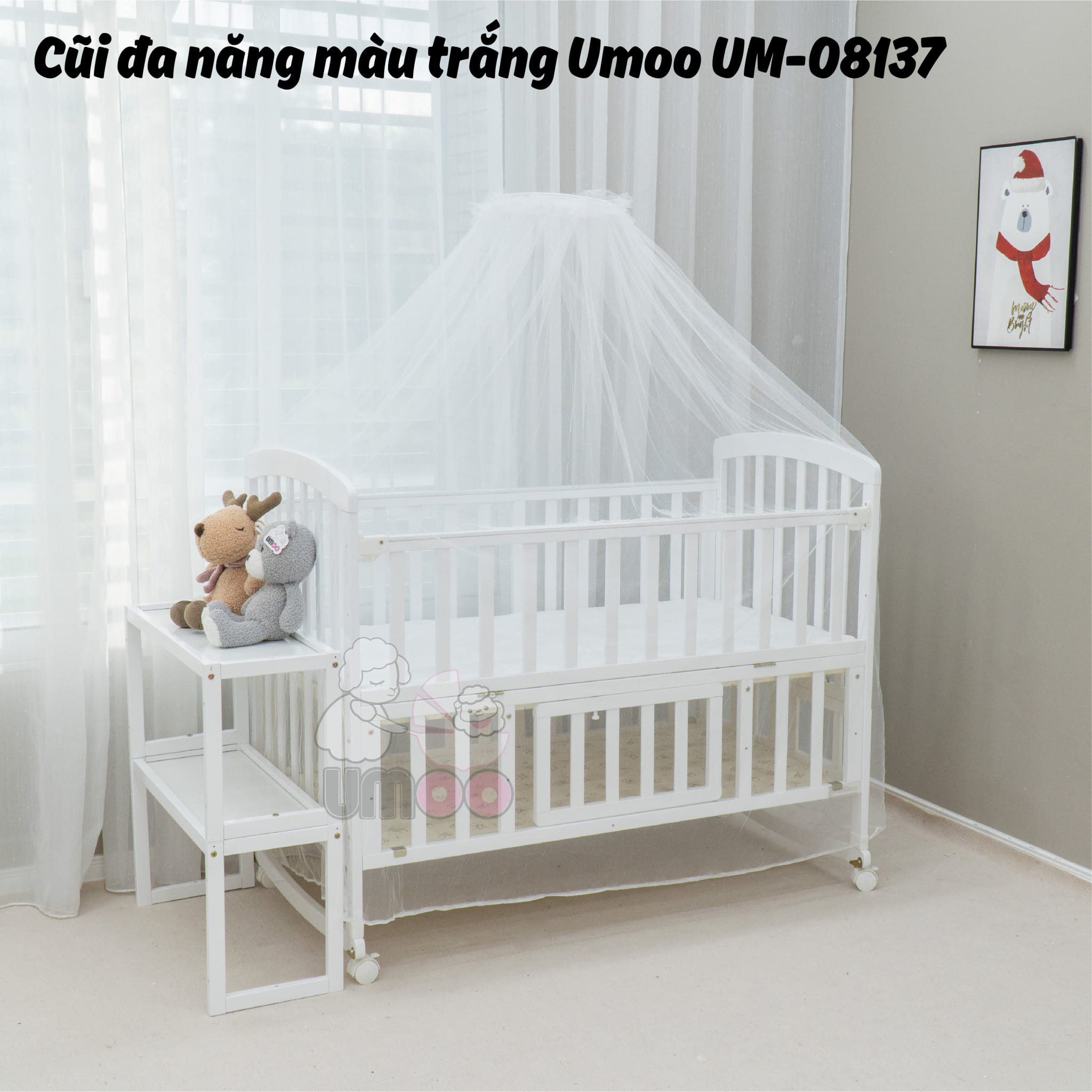 cũi đa năng màu trắng umoo đầy đủ phụ kiện