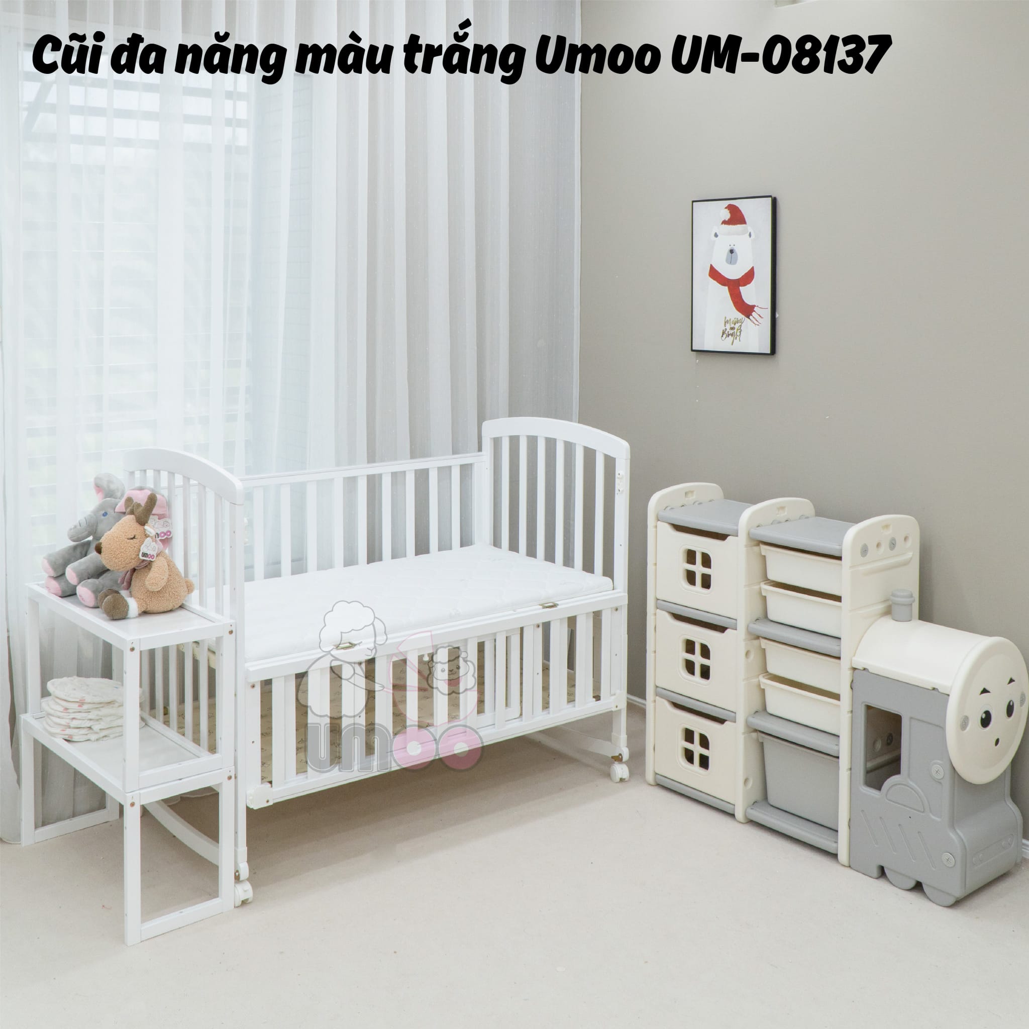 cũi đa năng màu trắng umoo có kệ 2 tầng để đồ vô cùng tiện lợi