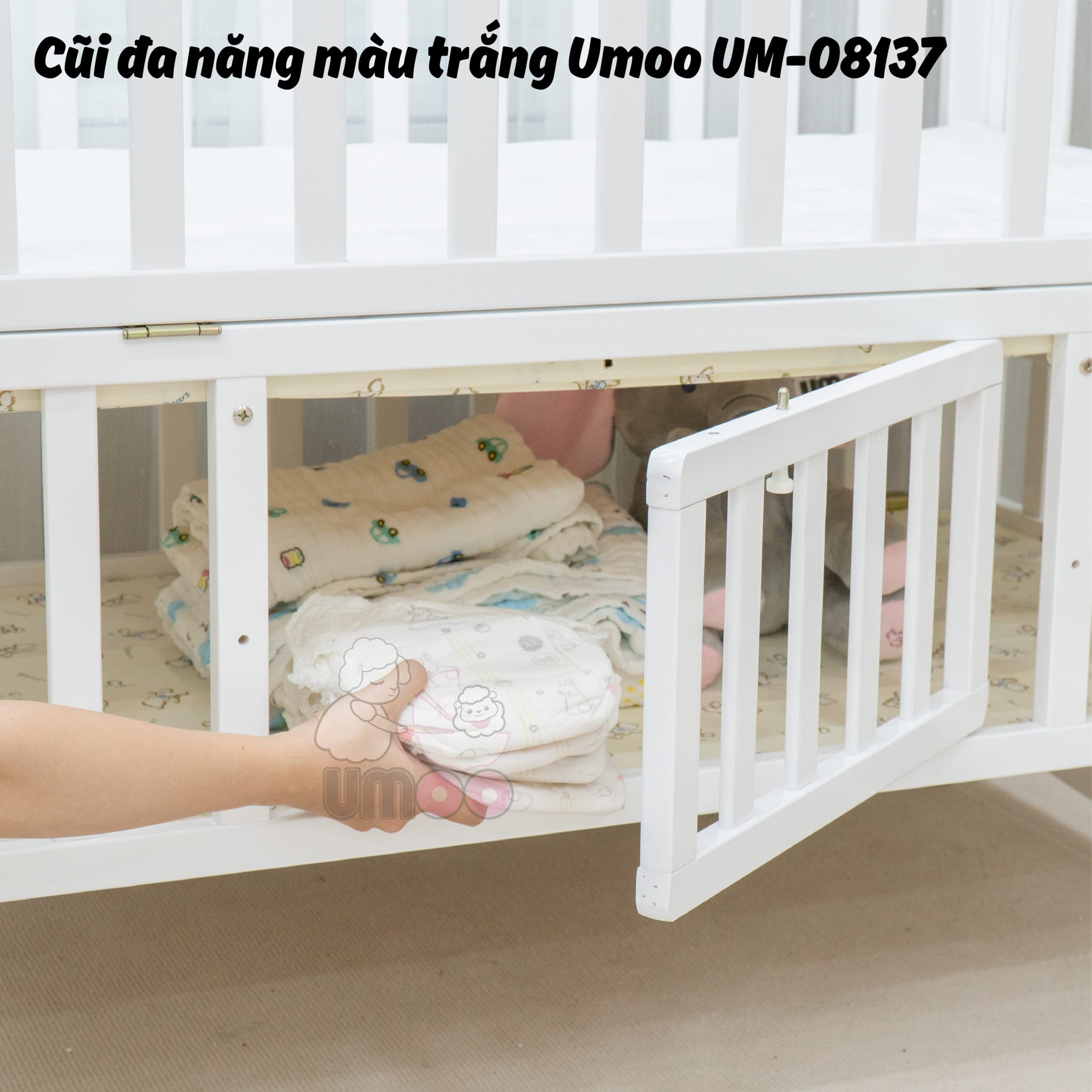 cũi đa năng màu trắng umoo ngăn chứa đồ rộng rãi