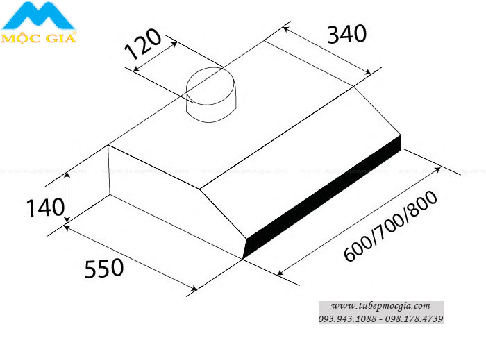 Kích thước chuẩn Máy hút khử mùi KAFF KF-688I/788I/888I