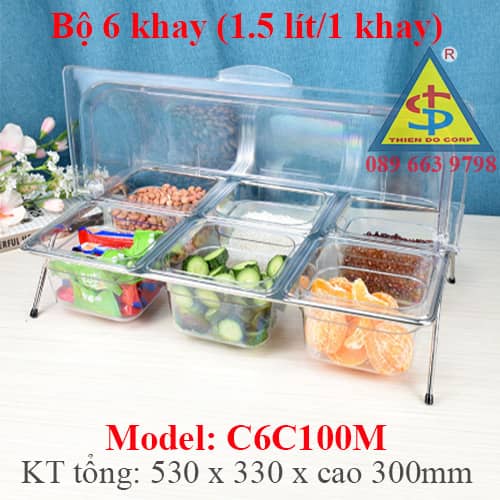 combo 6 khay inox có nắp chụp vòm đậy mở, combo 6 khay nhựa mica đựng topping