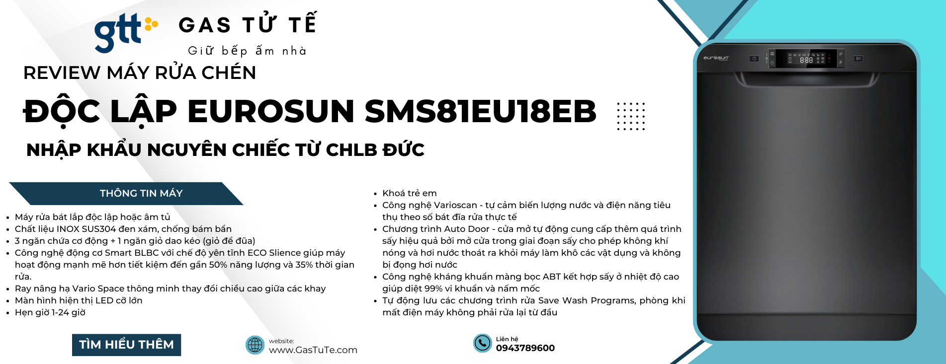 REVIEW MÁY RỬA CHÉN ĐỘC LẬP EUROSUN SMS81EU18EB