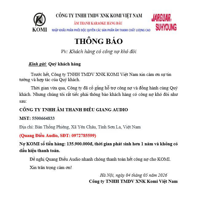 THÔNG BÁO CÔNG NỢ KHÓ ĐÒI CỦA QUANG ĐIỀU AUDIO