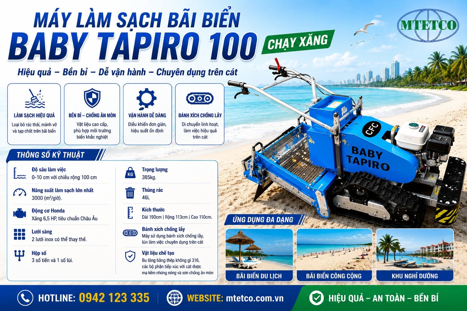 Baby Tapiro 100 – Máy sàng cát nhập khẩu từ Ý, chuyên dùng cho resort, khu du lịch, bãi biển riêng, bãi tắm nhân tạo...