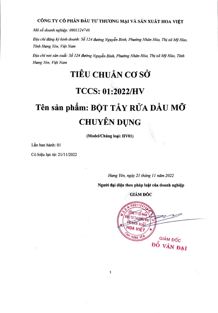Chứng chỉ đăng ký, công bố sản phẩm độc quyền bột rửa tay Tín Việt Khiết của Doanh nghiệp