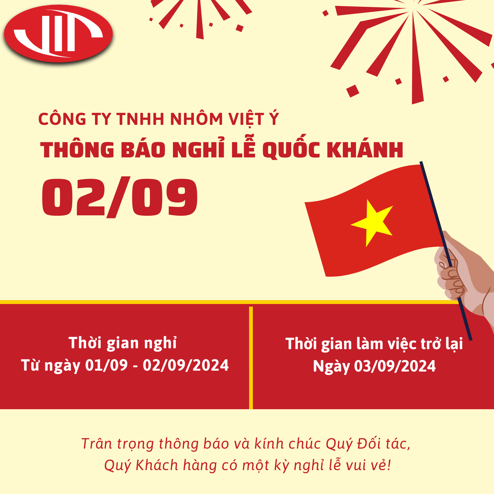 Nhôm Việt Ý thông báo nghỉ lễ Quốc Khánh 2/9