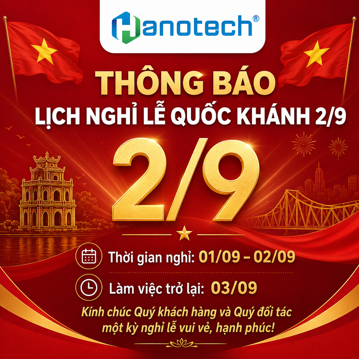 Thông Báo Lịch Nghỉ Lễ Quốc Khánh 2/9/2026 – Điều Hòa Hanotech