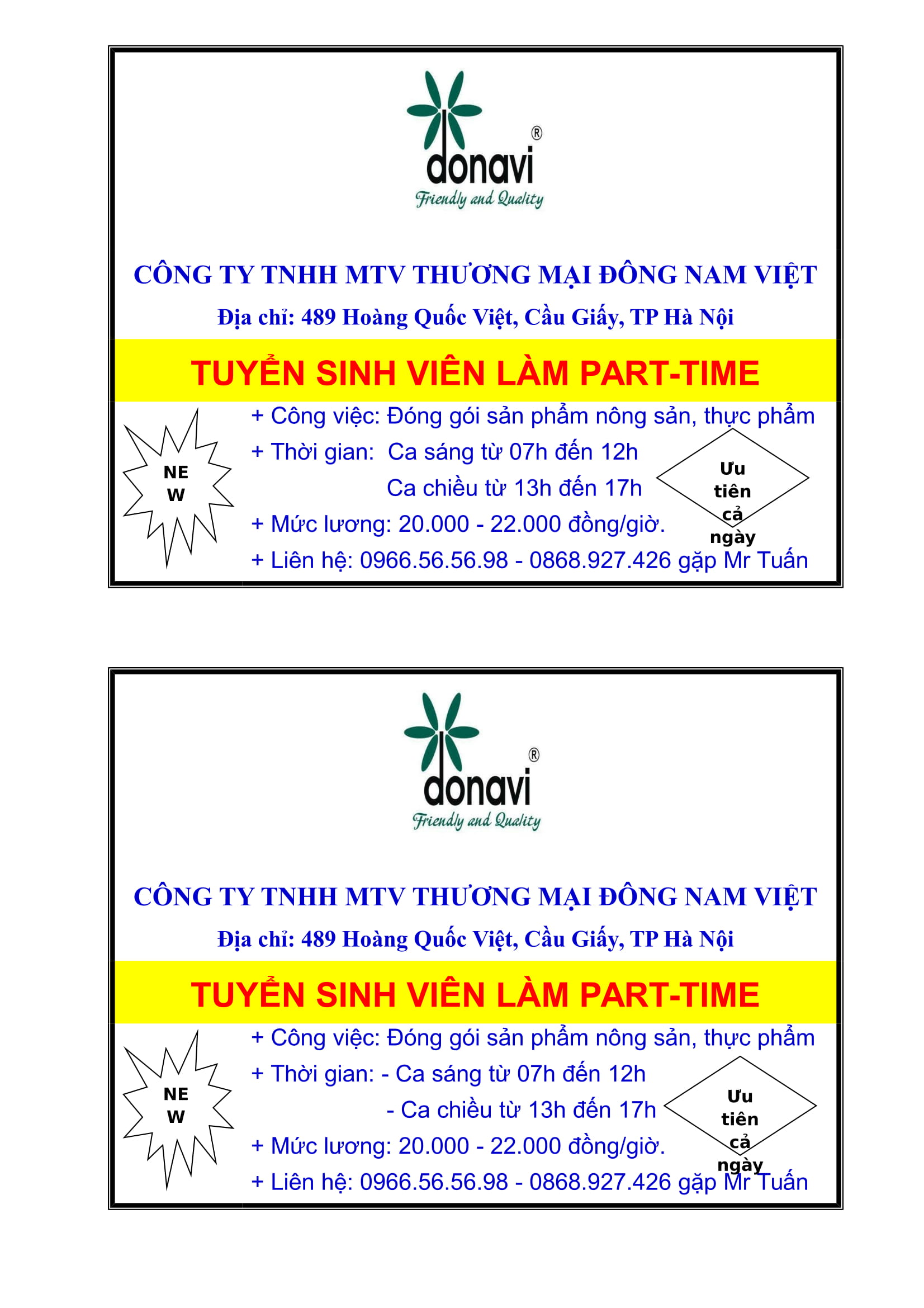 Tuyển nhân viên Part time