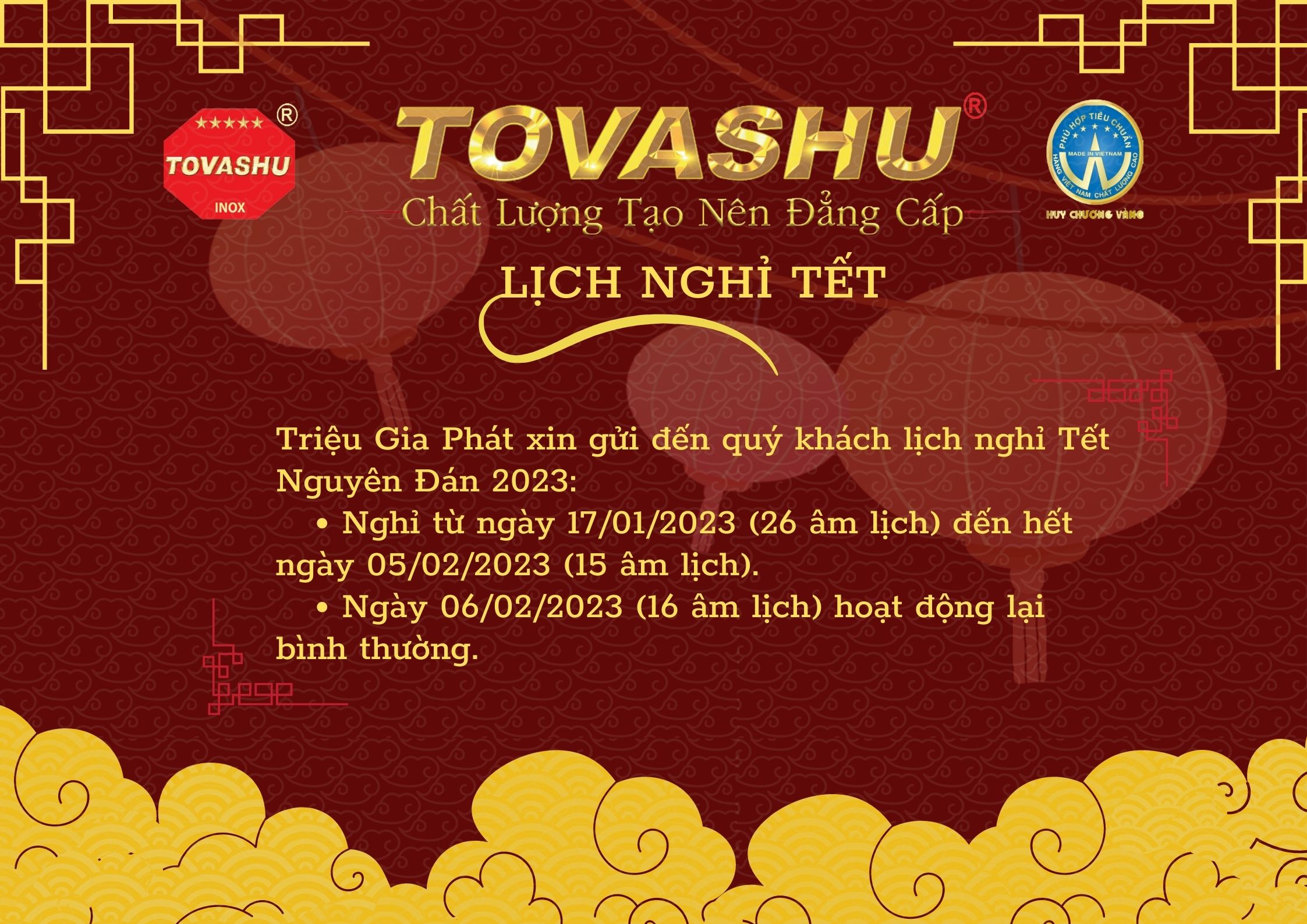 Lịch nghỉ tết 2023 Tovashu