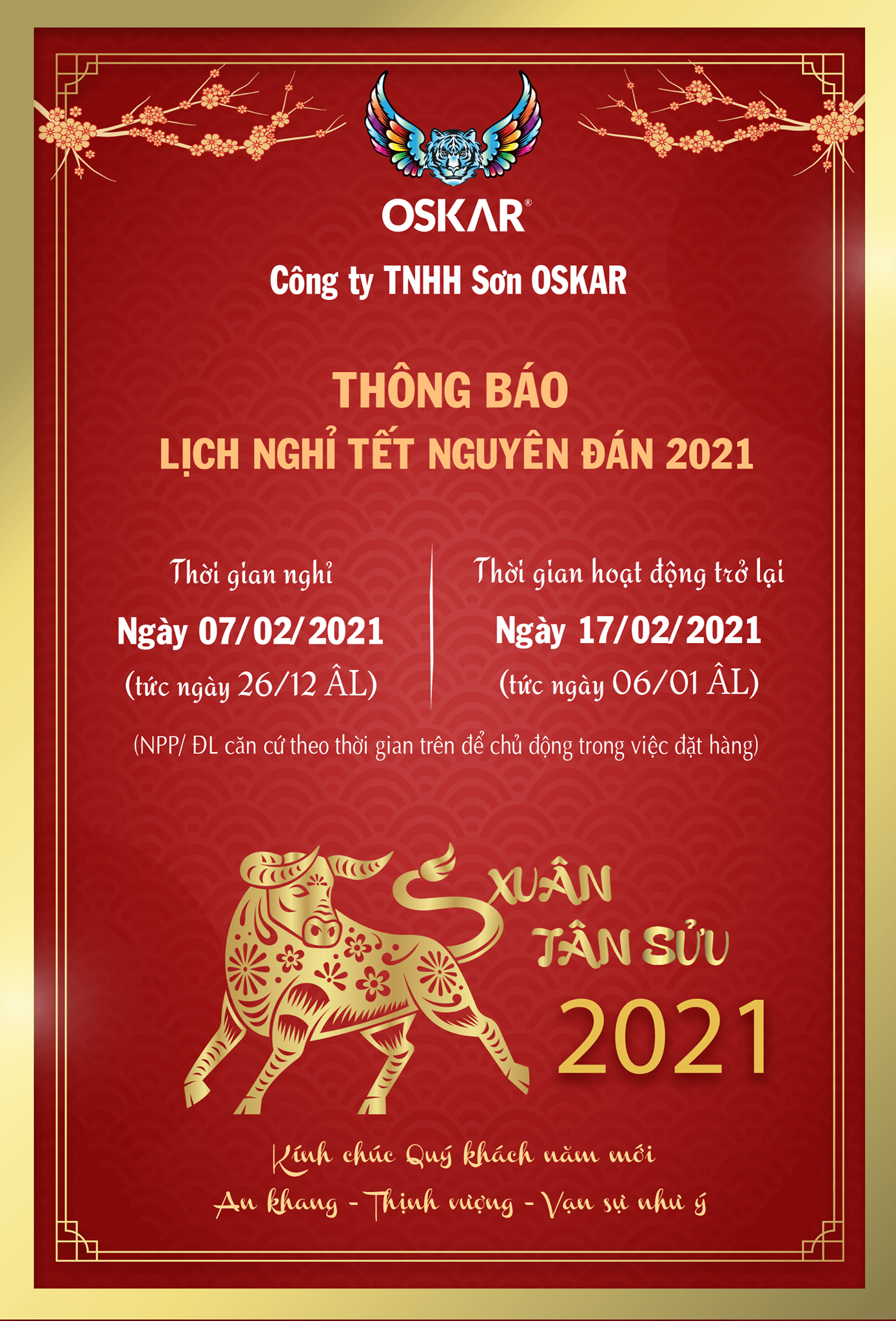 THÔNG BÁO LỊCH NGHỈ LỄ TẾT NGUYÊN ĐÁN 2021