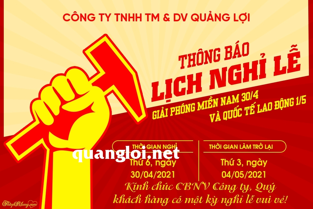 THÔNG BÁO NGHỈ LỄ 30/4 VÀ 1/5 NĂM 2021