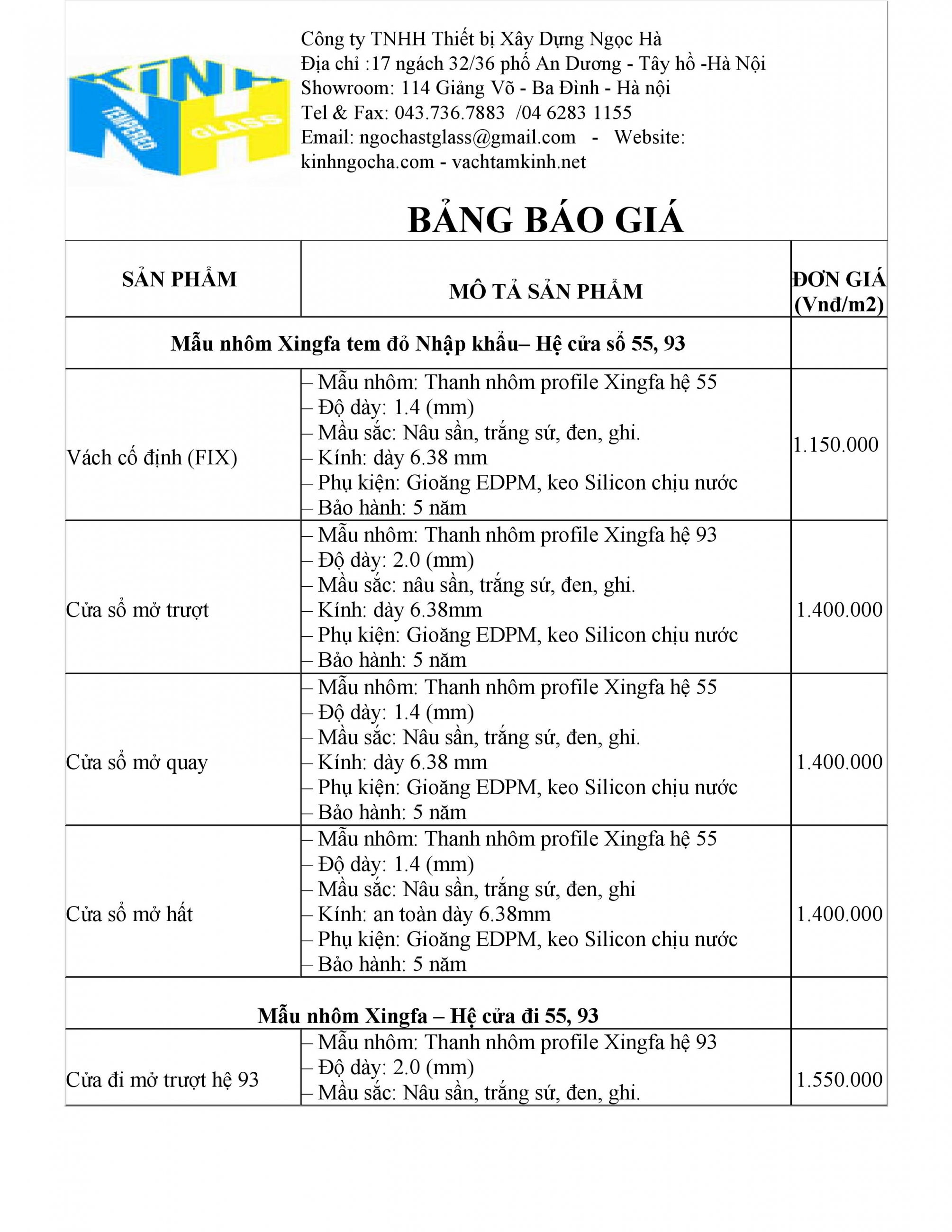 BÁO GIÁ CỬA NHÔM XINGFA NHẬP KHẨU