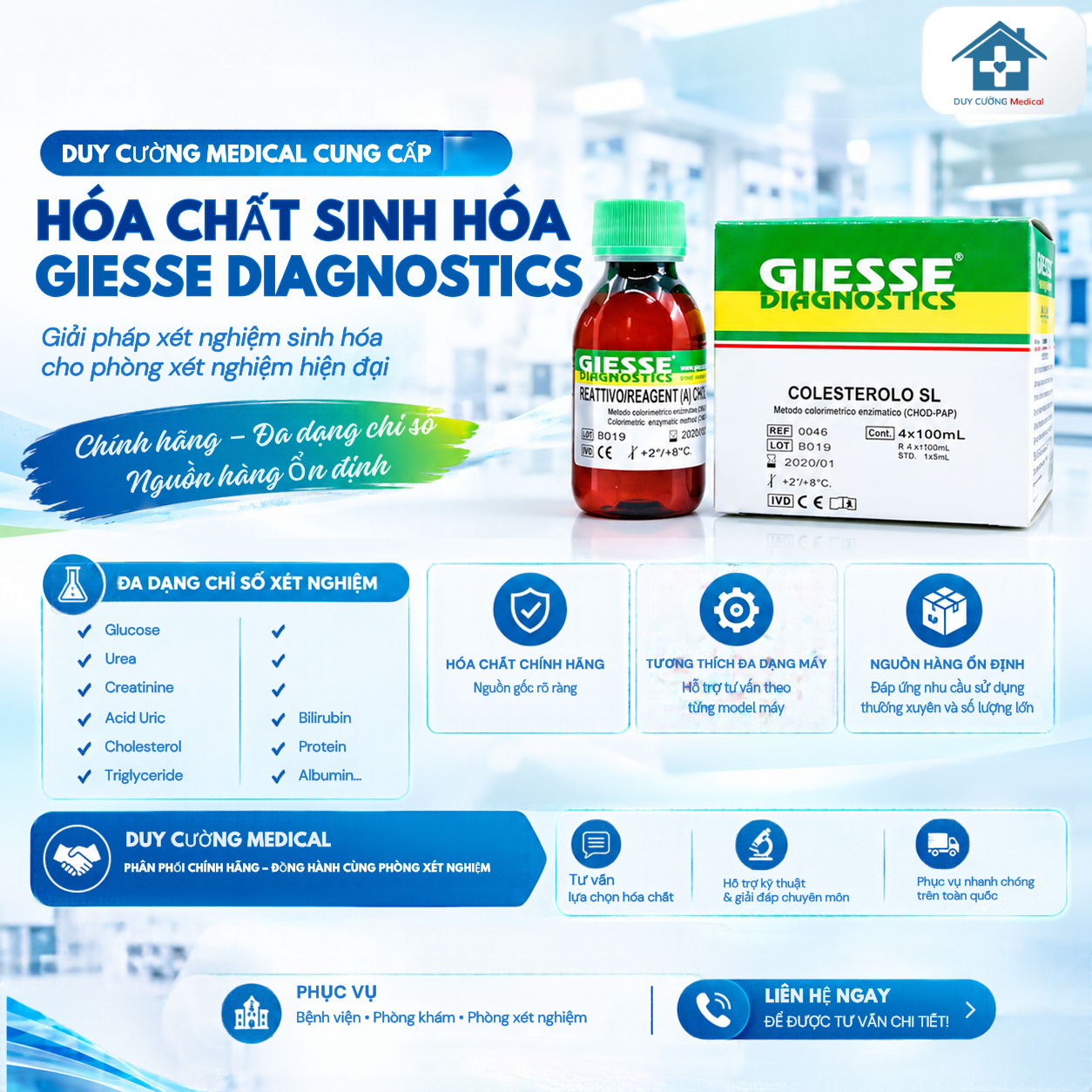 GIẢI PHÁP XÉT NGHIỆM ỔN ĐỊNH, ĐẦY ĐỦ THÔNG SỐ, XUẤT XỨ CHÂU ÂU – HÓA CHẤT SINH HÓA GIESSE DIAGNOSTICS