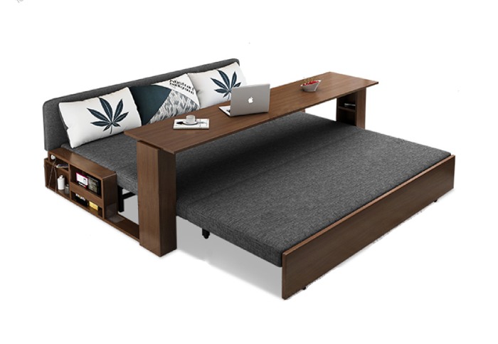 Khi kéo thanh chắn cuối giường sẽ tạo thành một chiếc bàn gấp tiện lợi