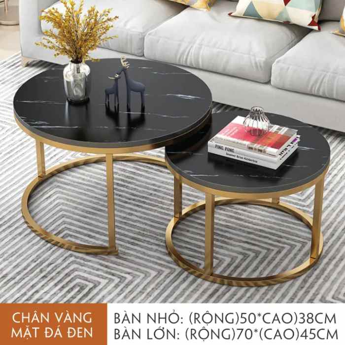 Bàn sofa tròn mặt đá đen chân kim loại