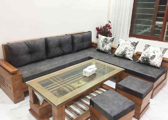 Mẫu nệm sofa gỗ đơn giản, hiện đại dài liền mạch theo ghế
