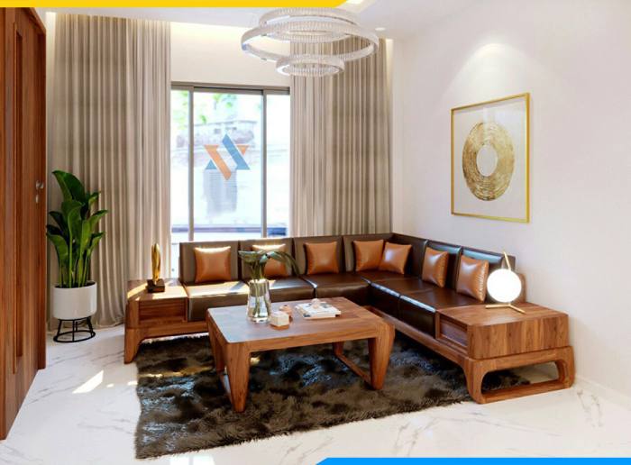 Sofa góc gỗ Sồi kết hợp ghế ngồi bọc da sang trọng và bàn trà xinh xắn