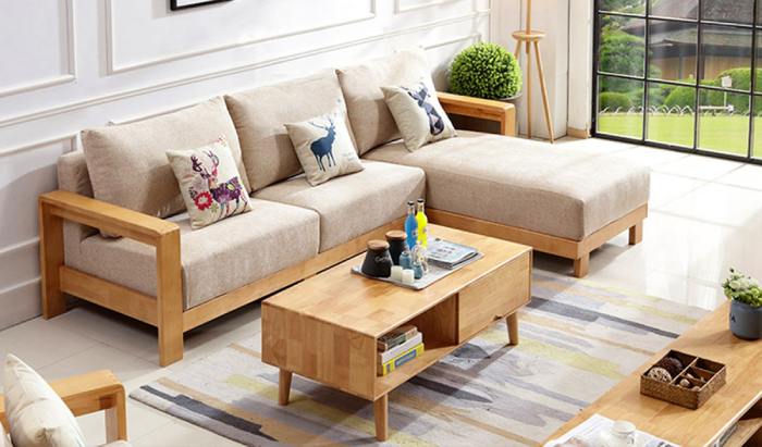 Ghế sofa gỗ chữ l đệm nỉ kiểu dáng hiện đại