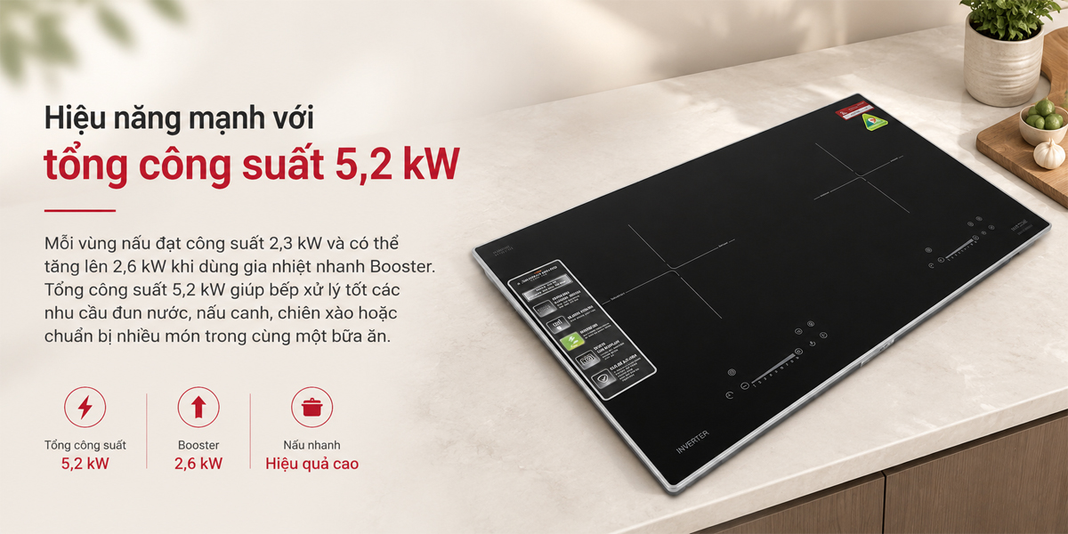 Hai vùng nấu Hafele HC-I7326B công suất 2,3/2,6 kW