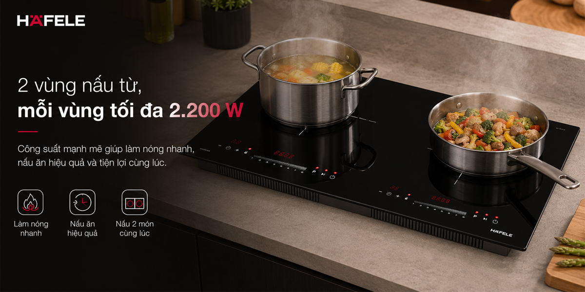 Hai vùng nấu từ của Hafele HC-I2732A công suất tối đa 2.200 W mỗi vùng