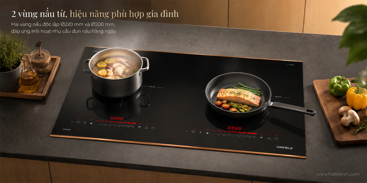 Hai vùng nấu từ Ø220 mm và Ø200 mm của bếp Hafele HC-I73242B