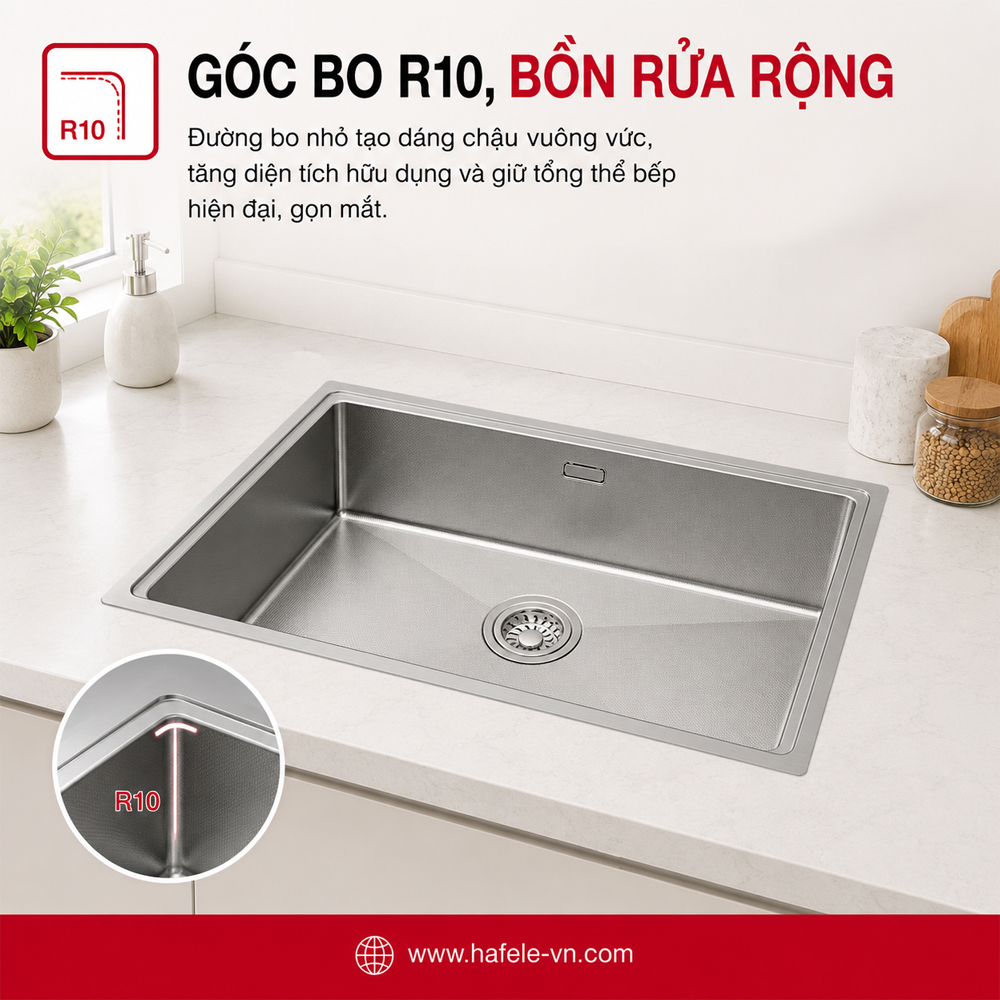Góc bo R10 và không gian sử dụng của chậu inox Häfele 567.24.467