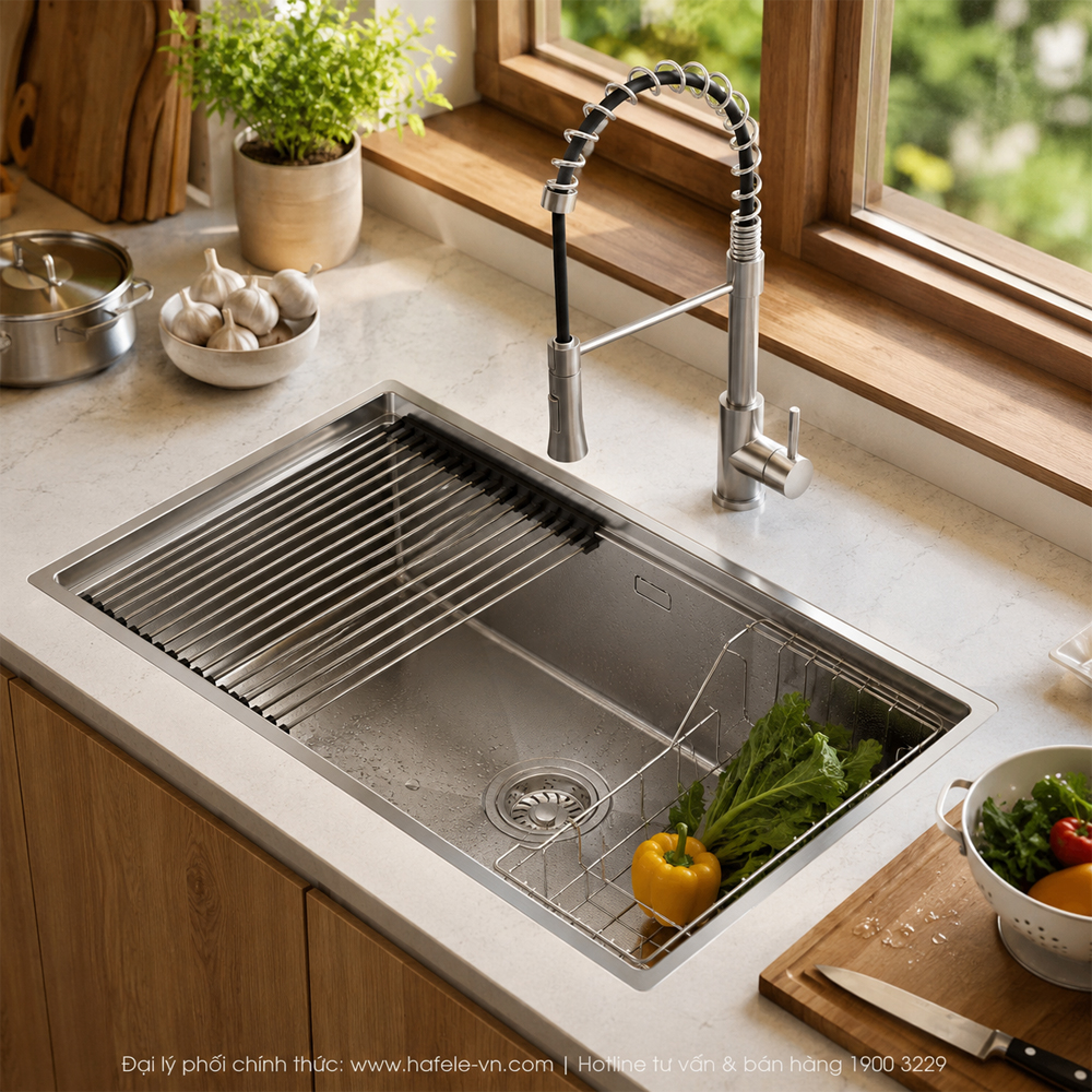 Chậu inox Häfele 567.24.467 trong căn bếp gia đình thường xuyên nấu ăn