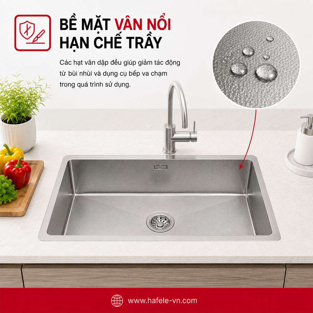 Bề mặt vân nổi chống trầy của chậu inox Häfele 567.24.477