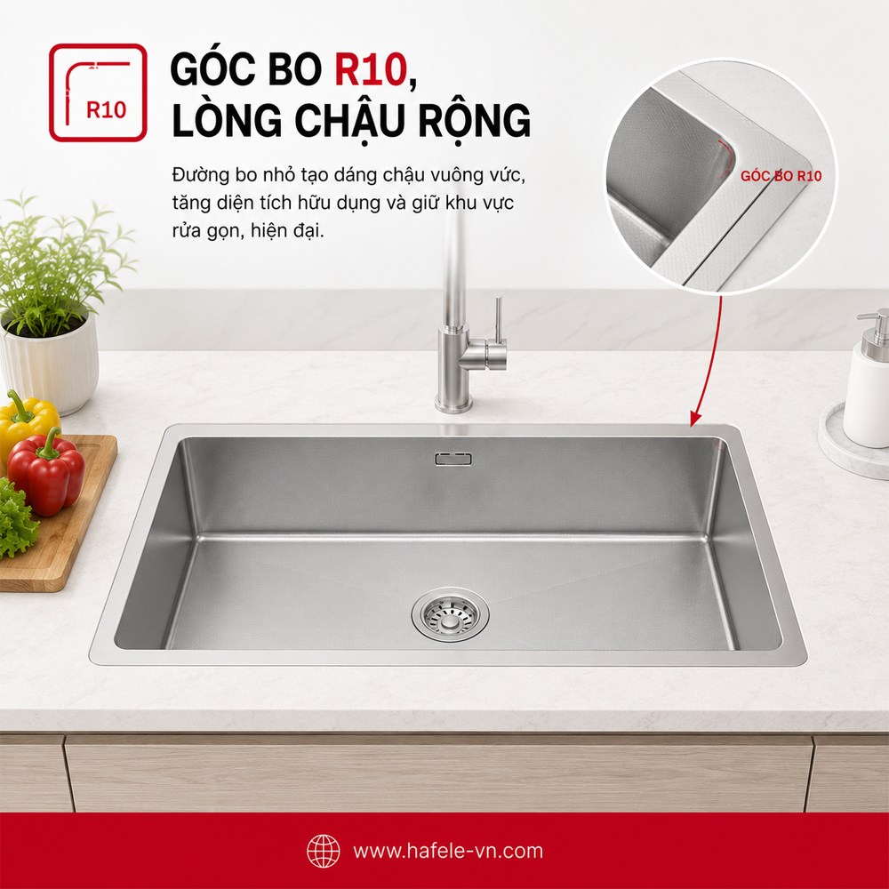 Góc bo R10 và không gian sử dụng của chậu inox Häfele 567.24.477