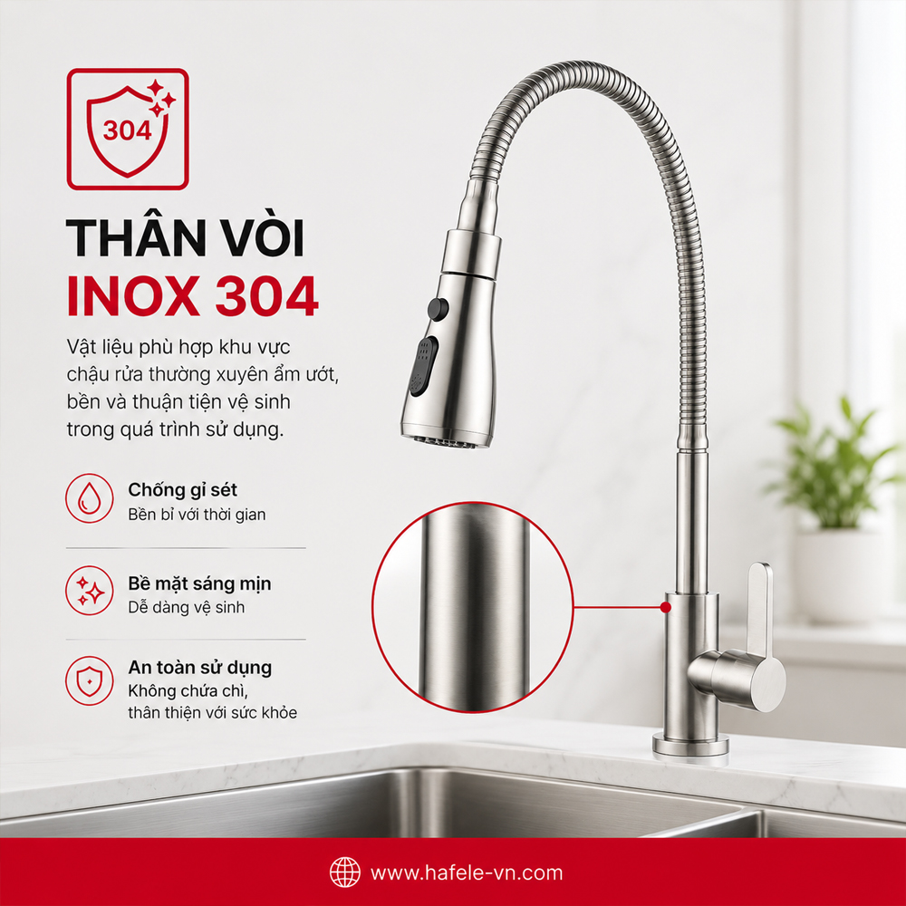Thân Inox 304 của vòi bếp Häfele DIY Chrome