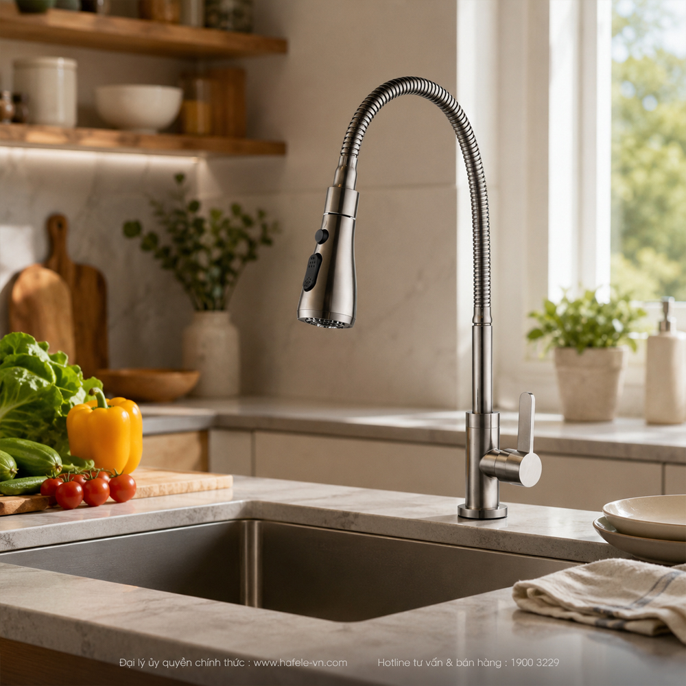Vòi bếp Häfele DIY Chrome lắp tại chậu rửa bếp gia đình