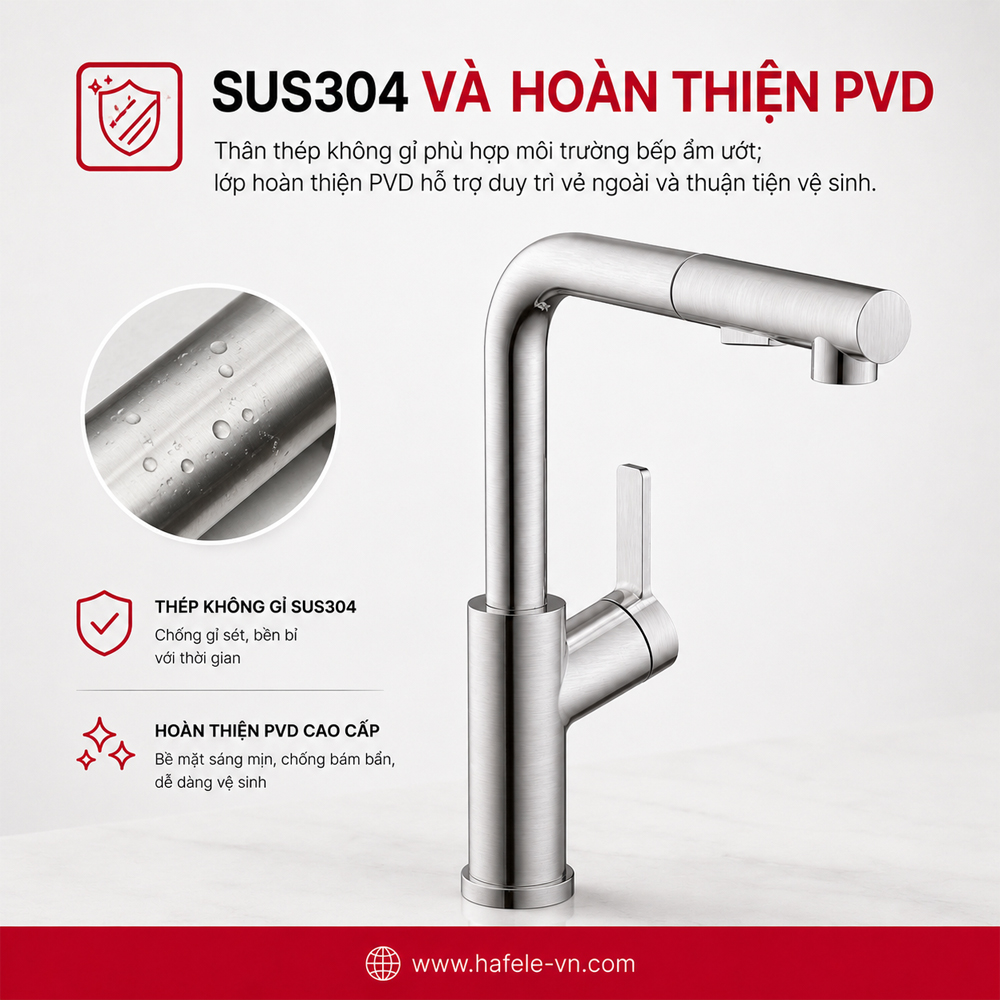 Thân SUS304 và bề mặt PVD của vòi bếp Häfele LUX-P HT25-SH1P315