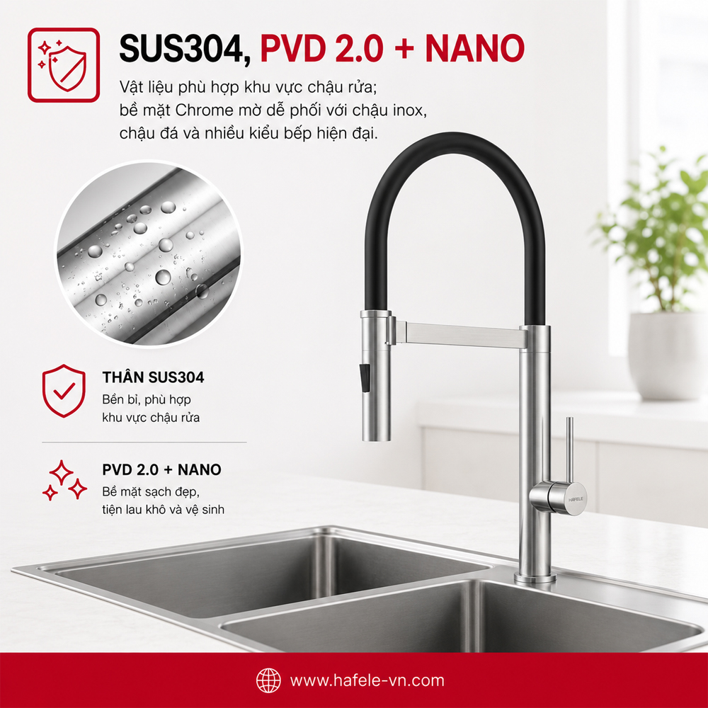 Thân SUS304 và lớp hoàn thiện PVD Chrome mờ của vòi bếp Häfele 570.85.051