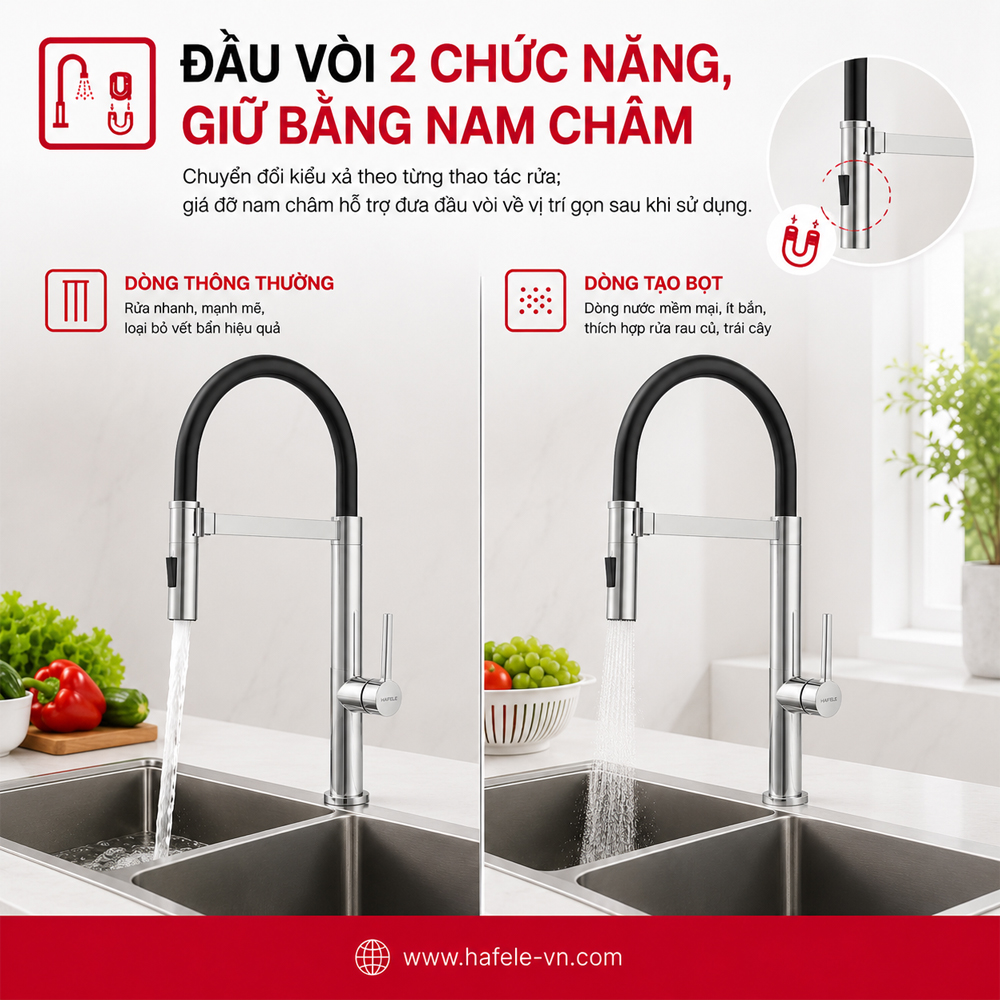 Đầu vòi hai chức năng và giá đỡ nam châm của vòi bếp Häfele HT24-SH1F527