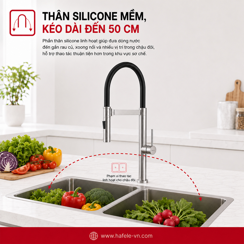 Thân silicone mềm kéo dài của vòi bếp Häfele HT24-SH1F527