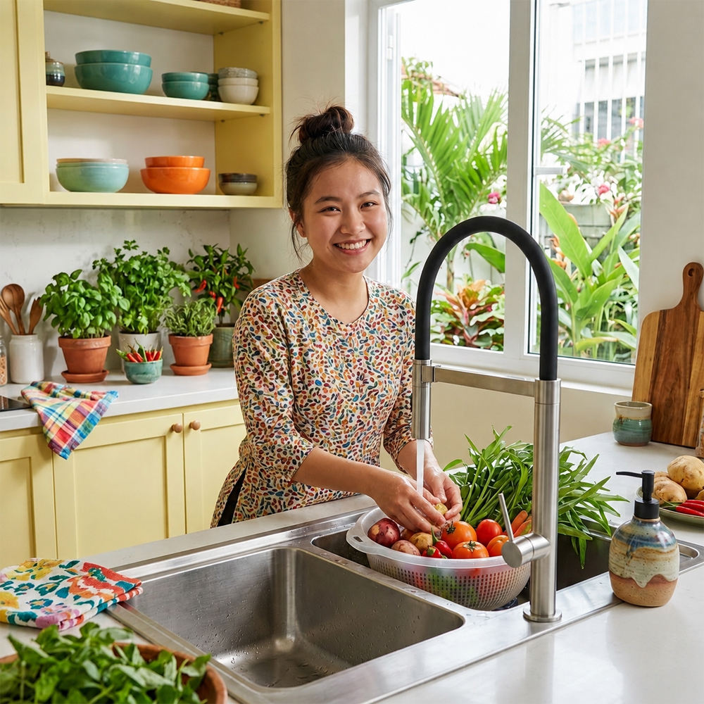 Vòi bếp Häfele HT24-SH1F527 lắp với chậu đôi và khu vực sơ chế rộng
