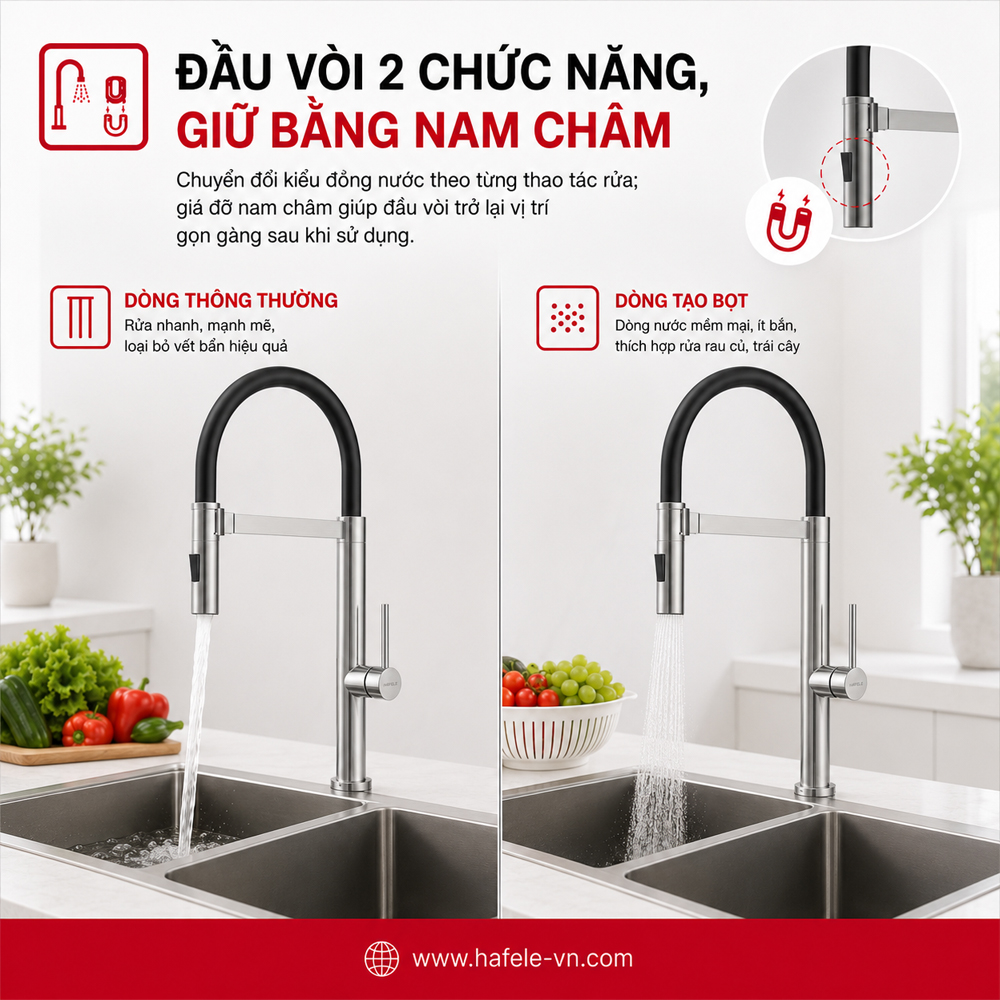 Đầu vòi hai chức năng và giá đỡ nam châm của vòi bếp Häfele HT24-SH1F527