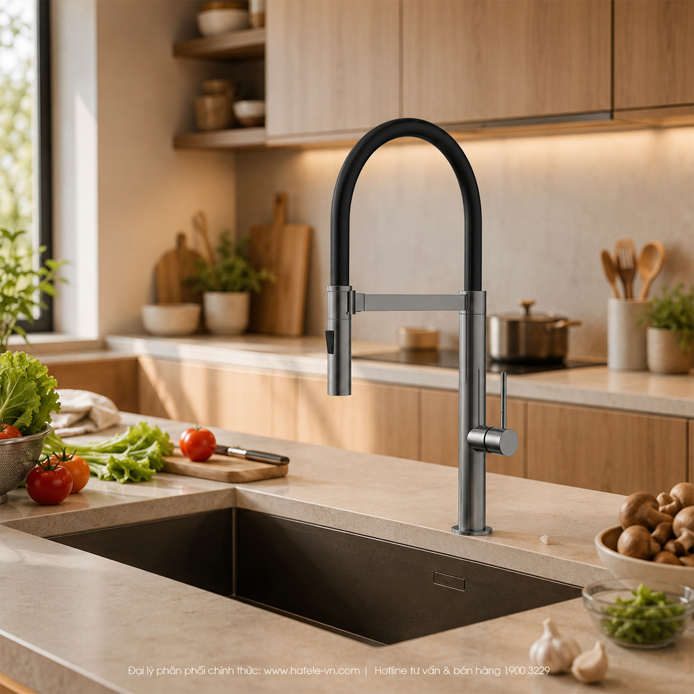 Vòi bếp Häfele HT24-SH1F527 Titan trong căn bếp gia đình hiện đại