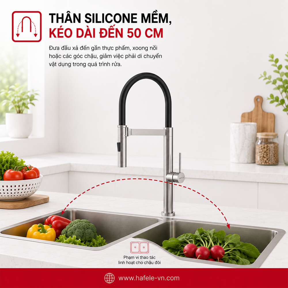 Thân silicone mềm kéo dài khoảng 50 cm của vòi bếp Häfele HT24-SH1F527