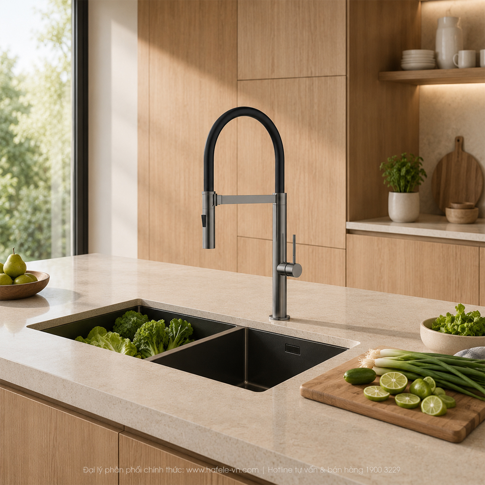 Vòi bếp Häfele HT24-SH1F527 Titan lắp với chậu đôi và khu vực sơ chế rộng