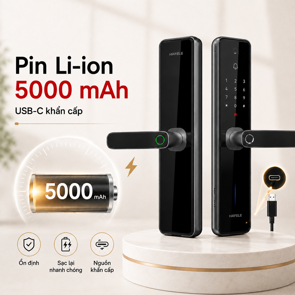Pin Li-ion 5000 mAh và cổng USB-C của khóa Häfele Zenith ML2501W