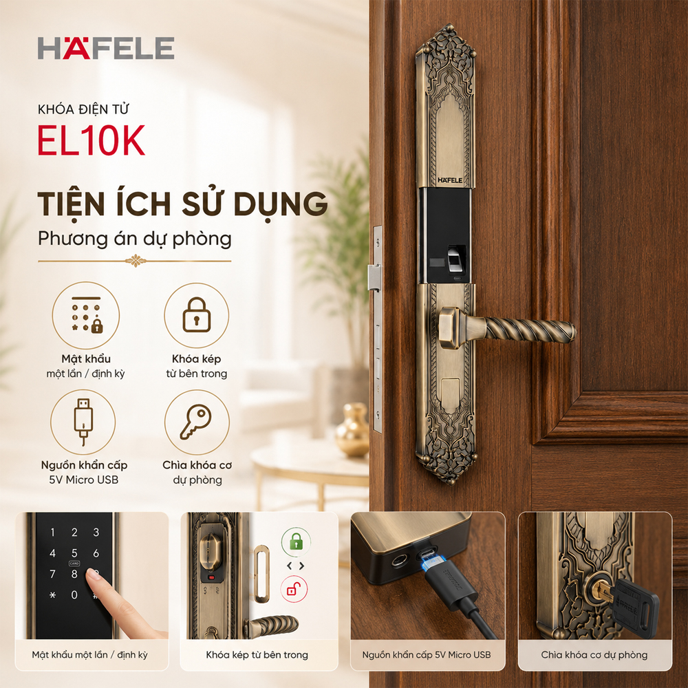 Mật khẩu tạm thời khóa kép và nguồn khẩn cấp Micro USB của Häfele EL10K