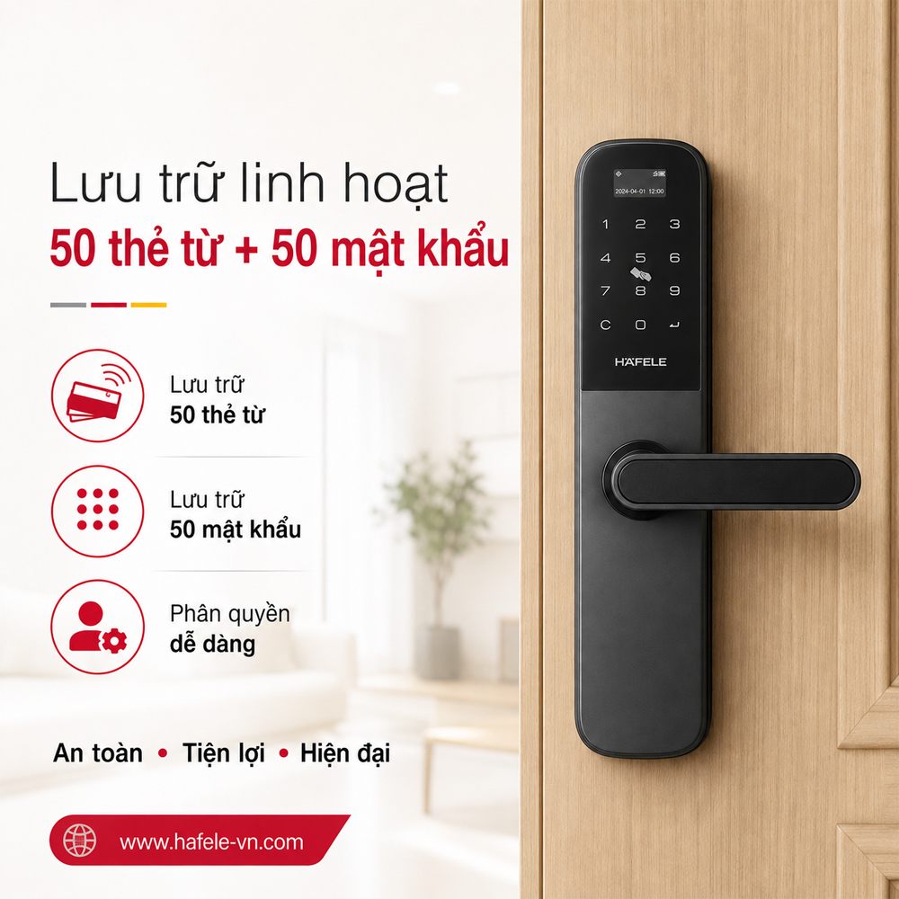 Khả năng lưu trữ 50 thẻ từ và 50 mật khẩu của khóa Häfele DL6000