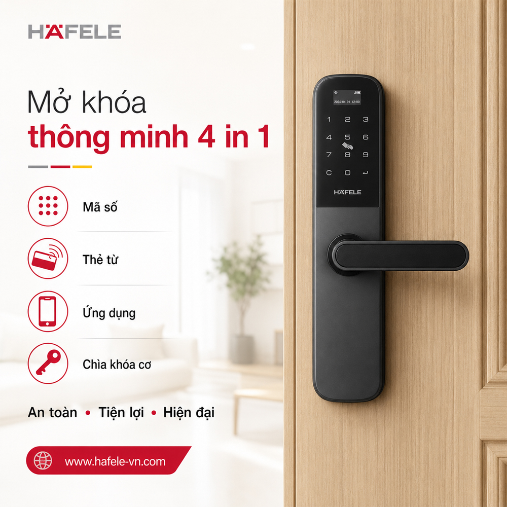 Bốn phương thức mở khóa Häfele DL6000 gồm mã số thẻ từ ứng dụng và chìa khóa cơ