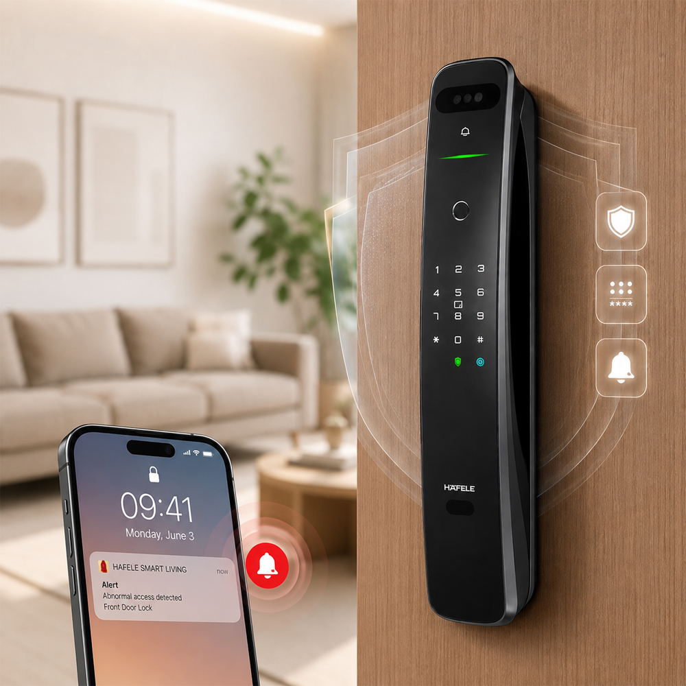 Mật mã ảo chế độ riêng tư cảnh báo trộm và pin yếu trên khóa Häfele PP9100
