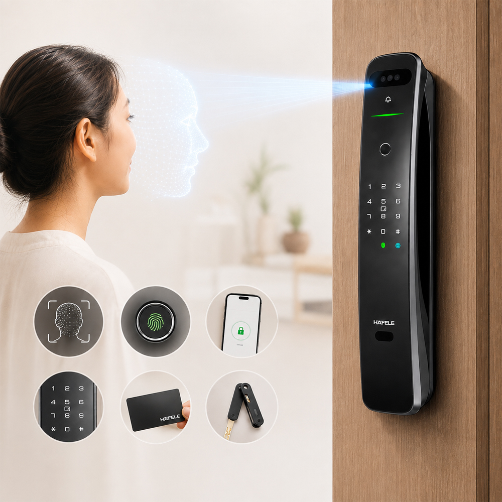 Sáu phương thức mở khóa của Häfele PP9100 gồm Face ID vân tay mã số thẻ từ chìa cơ và ứng dụng